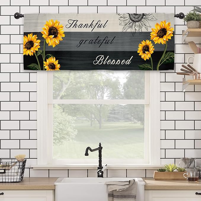 Farmhouse Sunflower Rustic Kitchen Curtain Valance 54W x 18L Inch Wood Wooden Country Rural Rod Pocket Short Cafe Small Window Treatment Drapes Decor
