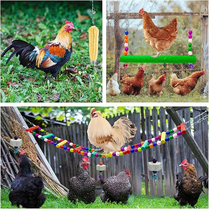 12PCS Longer Chain Chicken Toys for Coop Accessories,Xylophone Swing Flexible Ladder String Bag Vegetable Fruits Skewer Mirror Grinding Stone Pecking for Hens Bird Parrot