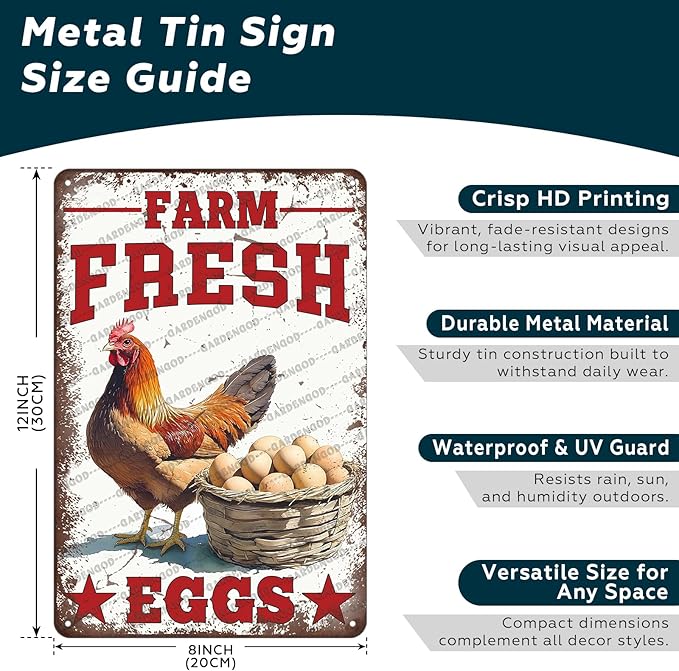 Vintage Chicken Farm Metal Sign Farm Fresh Eggs Metal Poster Home Garden Garage Bathroom Farmhouse Aluminium Sign Art Wall Decor Plaque 12x8 Inch