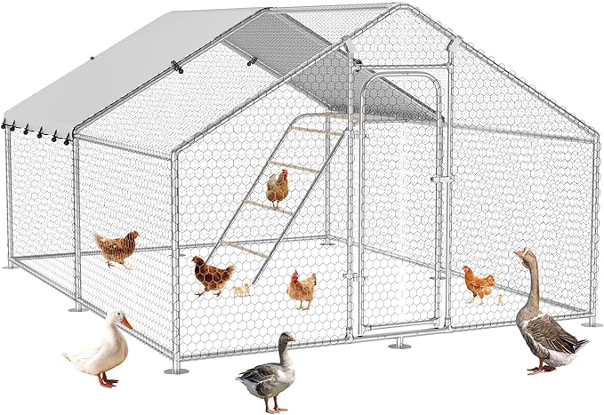 Large Metal Chicken Coop with Roosting Perch, Waterproof and UV-Resistant Cover,Outdoor Walk-in Cage Hen House for Yard Farm Rabbit Duck Chicken Run Spire Roof (10’ W x 13.2’ L x 6.4’ H)