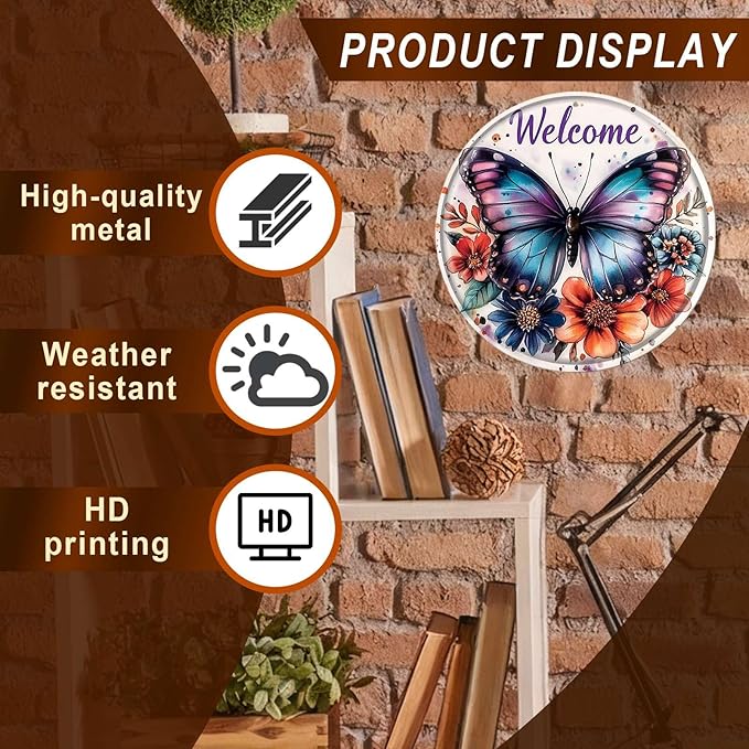 Welcome Butterfly Round Metal Tin Sign Wreath Spring Vintage Wall Decor for Front Door Home Porch Entryway 12x12inch