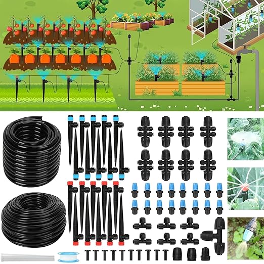 250FT Drip Irrigation Kit – 2026 New Quick-Connect Micro Irrigation System with 1/4'' 1/2'' Tubing, Locking Nozzle Emitters, Adjustable Misting Sprayers for Gardens, Lawns,Raised Beds and Greenhouses