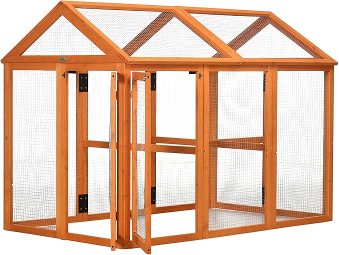 PawHut Chicken Run, Wooden Large Chicken Coop, Combinable Design with Perches & Doors for Outdoor, Backyard, Farm, 4.6' x 2.8', Orange