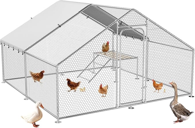 Large Metal Chicken Coop with Standing Frame, Chicken Run Pen Walk-in Poultry Cage with Waterproof & Anti-Ultraviolet Cover for Outdoor Farm Use,Spire Roof(13.1" W x 9.8" L x 6.4" H)