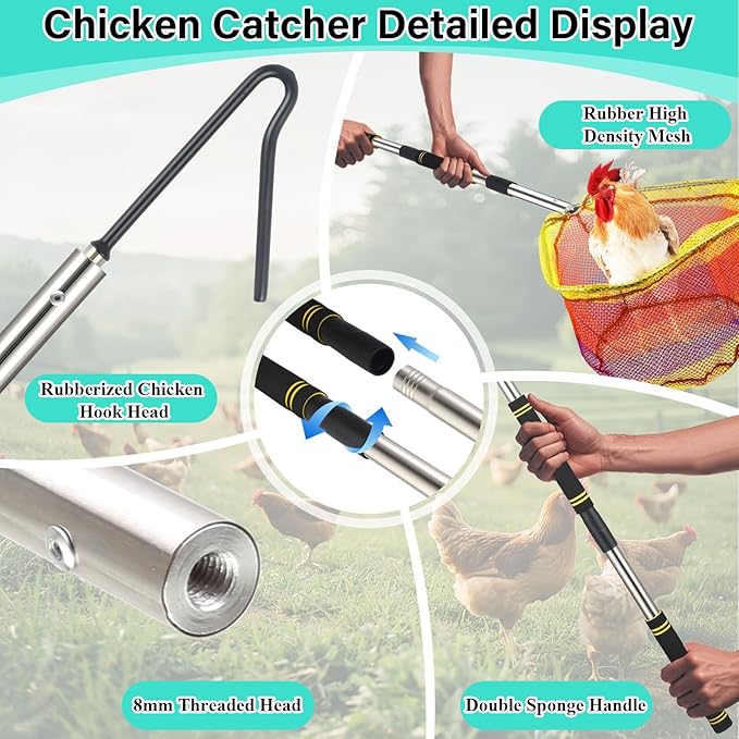 Chicken Catcher Net,37 to 93in Chicken Catcher Leg Hook Extra Long Handle Animal Catcher Pole Heavy Duty with Frosted Tube Extension Pole Poultry Hook Fowl Catcher (Silver 75in)