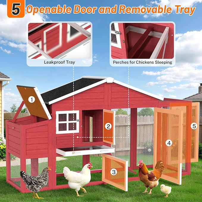 84.7''L Chicken Coop, Large Poultry Cage for 4-6 Chickens, Outdoor Hen House Design with Nesting Box, Weatherproof Roof and Leakproof Pull-on Tray, Easy to Install＆Clean(Red)
