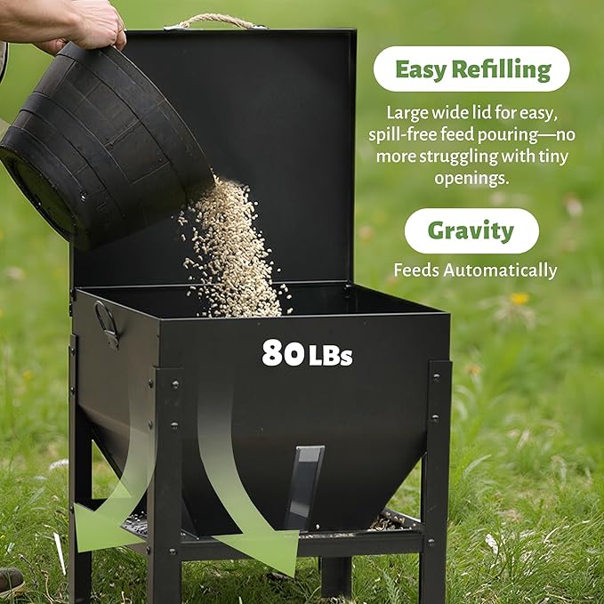 KOL 80LBs Chicken Feeder No-Waste, Galvanized Steel Large Capacity Chicken Feeder, Portable Poultry Feeder with Waterproof Lid for Hens and Roosters, Coops & Outdoors