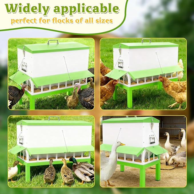 Metal Chicken Feeder 110lb,No Waste Automatic Large Capacity Chicken Feeder with 18 Ports & Locking Lid, Galvanized Poultry Equipment,Weatherproof,Rodent Proof, Rat Proof, Comederos para Gallinas