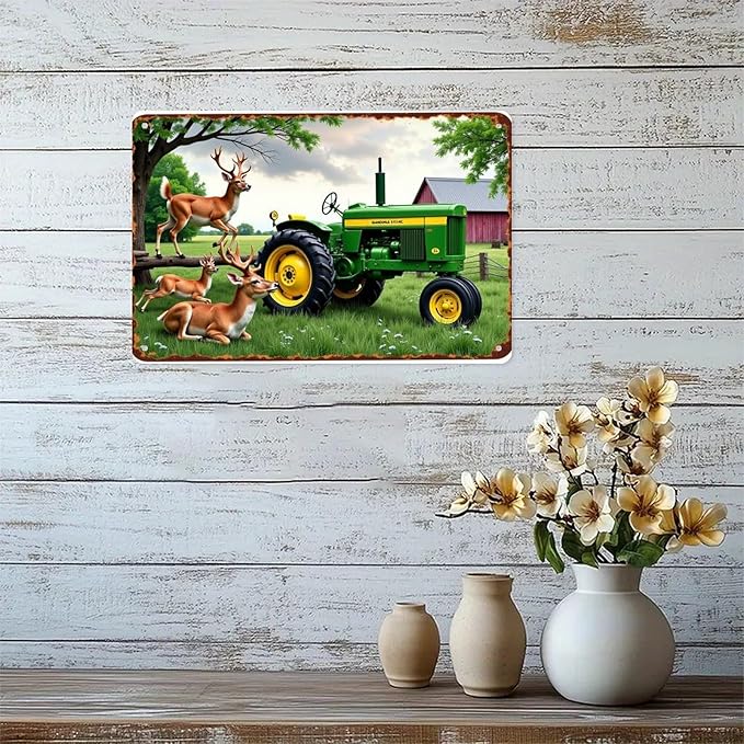 Deer Tractor Farmhouse Tin Sign Vintage Deer And Tractor Metal Sign Print Aesthetic for Garden Yard Bar Porch Home Bedroom Kitchen Wall Decor Gift 8 X 12 in