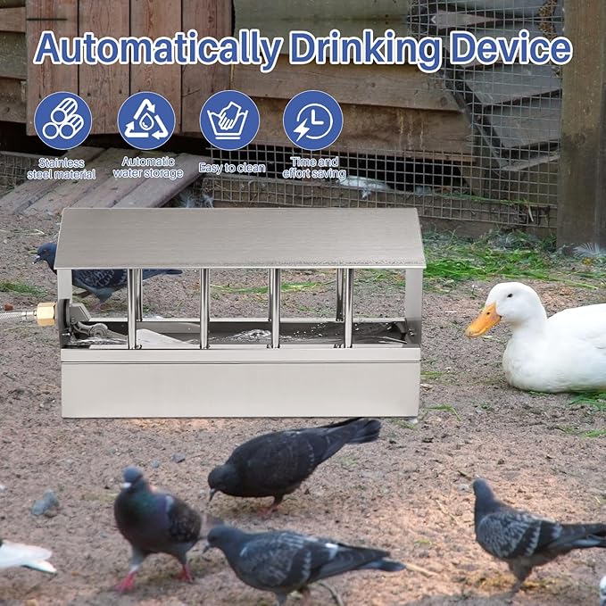 Automatic Chicken Waterer Stainless Steel Large Metal Chicken Waterer System Poultry Waterer Dispenser with Float Valve Kit Hose Accessories for Pigeon, Duck, Goose
