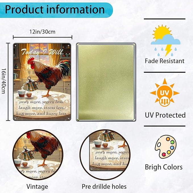 Chicken Metal Signs Rooster Kitchen Wall Decor Today I Will Pry More Worry Less Metal Sign Poster 12x16 Inch Funny Chicken Coop Accessories Rooster Home Garden Farm Yard Decor