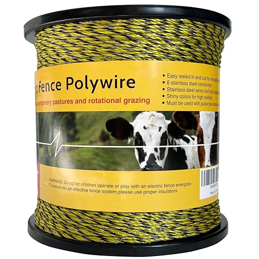 Upgraded Electric Fence Polywire 3366 Feet 1026 Meters, 6 Stainless Steel Strands for Reliable Conductivity and Rust Resistance, Easy to Install,Portable Electric Fencing,Yellow and Black Color