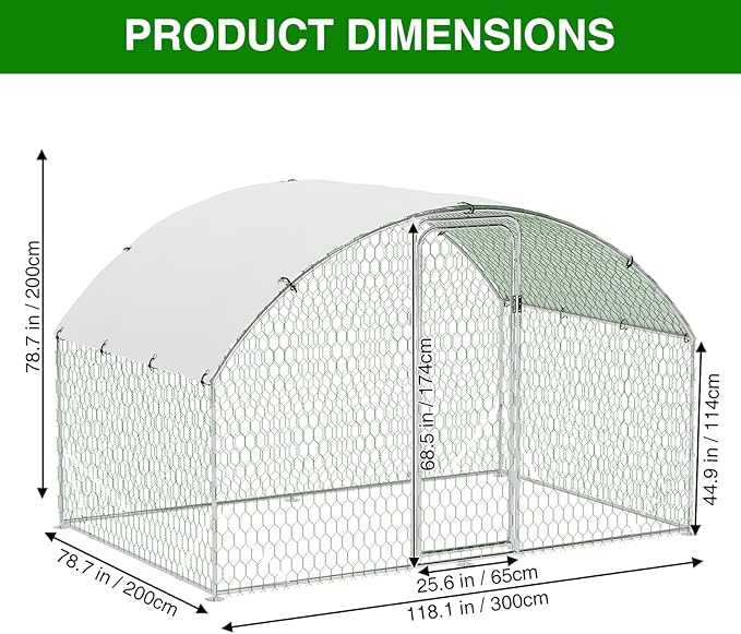 Garvee Metal Chicken Run, 9.8 x 6.5 x 6.5 Ft Metal Chicken Coop for Yard with Waterproof and Anti-Ultraviolet Cover, Dome Roof Walk in Chicken House, Poultry Cage for Hen, Duck and Rabbit