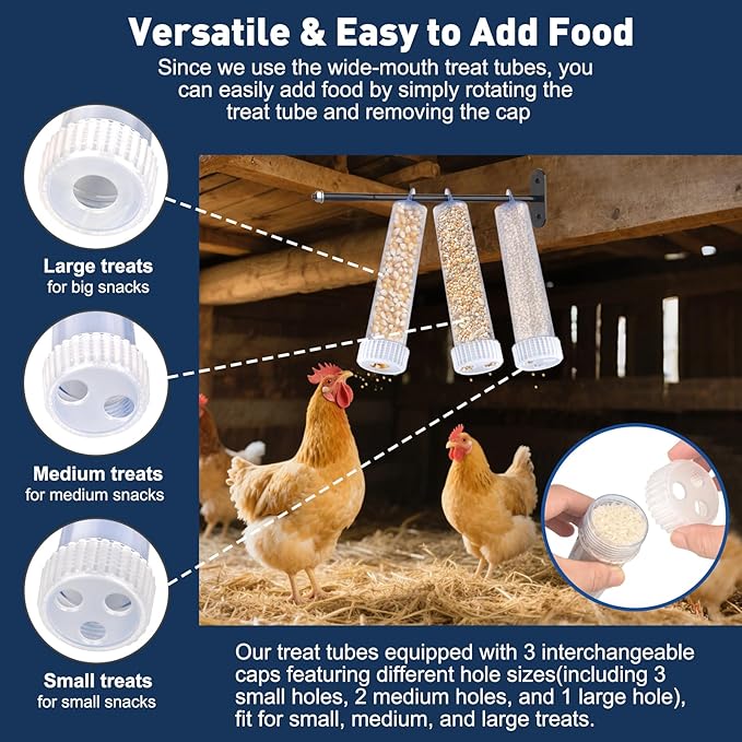 Upgraded Chicken Treat Dispenser, Indoor/Outdoor Wall-Mounted Chicken Treat Feeders, 3 Clear Treat Tubes with Different Types, Easy to Install&Add Food, Fits for Small, Medium&Large Treats