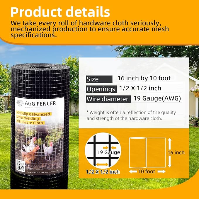 16in x 10ft Black Hardware Cloth 1/2 inch 19Ga PVC Coated Wire Mesh Vinyl Coated Fence, Welded Metal Chicken Wire Fencing Roll, Garden Plant Fencing, for Chicken Coop and Home Improvement