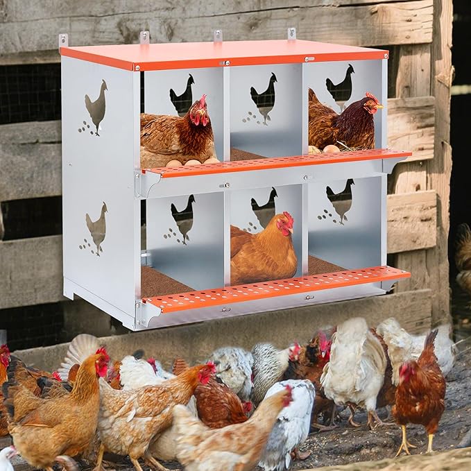 Chicken Nesting Boxes, 6-Bay Metal Nest Box with Vented Galvanized Steel Coop Equipment Wall Mount for Hens Ducks Poultry, Easy Egg Collection & Assembly, Orange (6 Compartment)