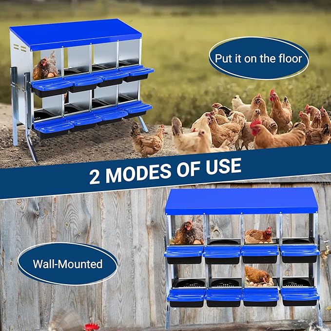 GarveeLife Chicken Nesting Box, 8 Compartments Nesting Boxes for Chickens, Chicken Laying Boxes with Legs, Roll Away Nesting Box for Chickens Laying Egg with Lid Cover to Protect Eggs, Blue