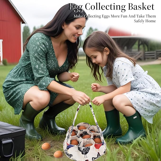 1 Pc Egg Collection Basket, Farmhouse Chicken Egg Holder with 7 Bags, Handheld Egg Purse Egg Basket for Collecting Fresh Eggs, Housewife Garden Transport Storage(Beige Chicken)