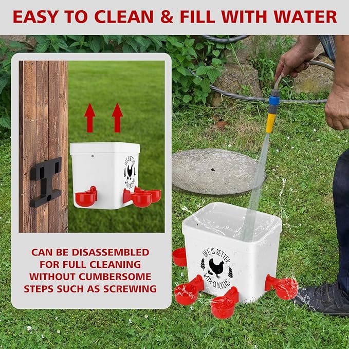Chicken Waterer - Chicken Water Feeder with 4 Water Cups - Automatic Chicken Waterer No Waste - Poultry Waterer with 2 Gallon for Chickens Ducks and Goose