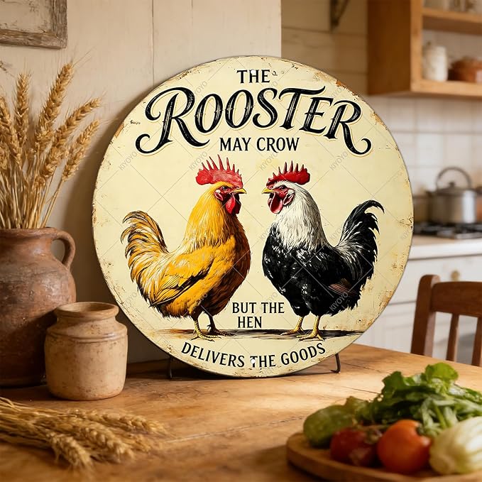 Funny Chicken Signs The Rooster May Crow But The Hen Delivers The Goods Round Tin Sign Metal Chicken Decor Home Ktichen Farm Wall Decor Vintage Metal Tin Poster 12 Inch
