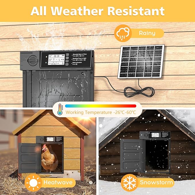 Large Size Automatic Chicken Coop Door Solar - Powered Auto Chicken Door Opener, Automatic Chicken Door with Timer/Light Sensor Modes, Intelligent Obstacle Sensors, Remote Control, 14.76"H x 11.02"L