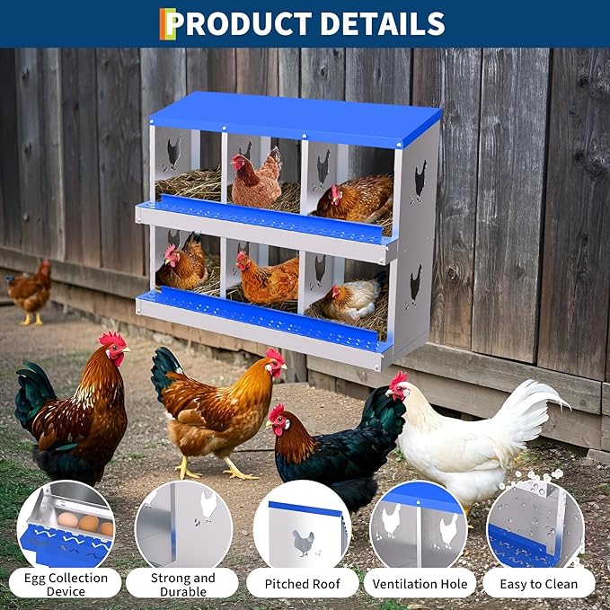 6 Compartment Metal Chicken Nesting Box, Automatic Roll-Out Egg Collection, Waterproof Galvanized Steel Laying Box, for Hens Ducks Rabbits, Blue
