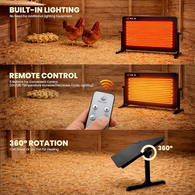 Smart Chicken Coop Heater with Thermostat, Adjustable Radiant Heat Panel & Timer, Coop Heater for Winter with Remote Control, Animal-Proof Cord (Chicken Heater & Solar Chicken Coop Heater Compatible)
