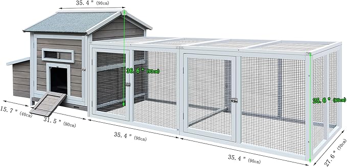 118'' Large Chicken Coop with Run, Wooden Duck Hen House for 3-5 Chickens, Outdoor Chicken Run Poultry Rabbit Cage with Nesting Box, Free-Range Door & Pull-On Tray Gray