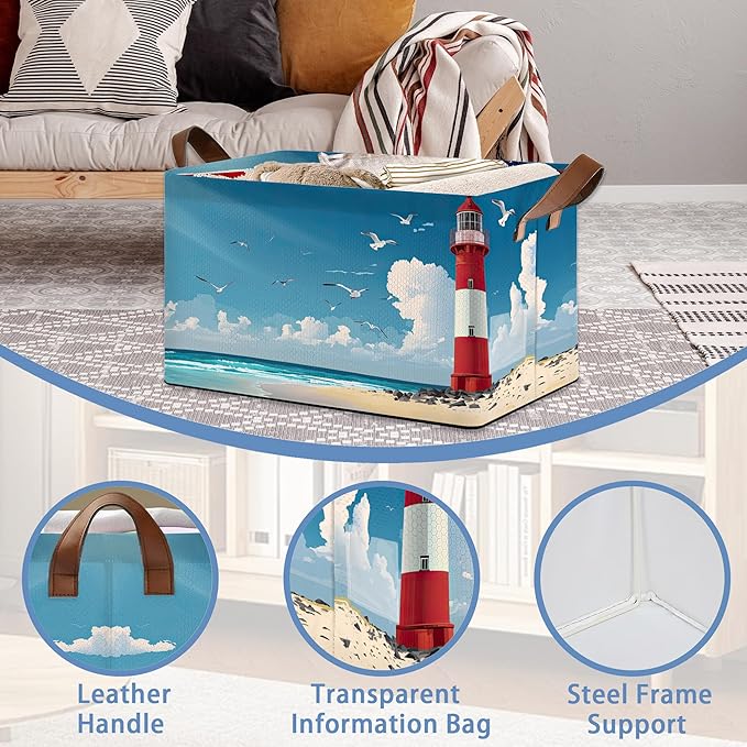 Lighthouse Seagull Storage Baskets,Beach Foldable Organizer Bin with Handles for Home Living Room Bedroom Closet Box 17x11.5x10Inch