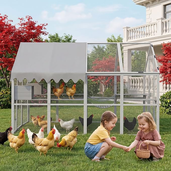 KEIKI 110"L Outdoor Large Chicken Coop with Waterproof Cover, Roosting Platform, Wire Mesh & 2 Lift Small Doors with Locks, Wood Chicken Coop House with Run for Cat Kitten Playpen, Duck, Rabbit, Quail