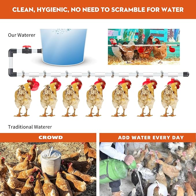 Automatic Chicken Waterer System, DIY Poultry Pipe Water Feeder Set, Include 8 Chicken Water Cups, Ball Valves and Tee, Coop Automatic Clean Waterer (Red, 8-Cups)