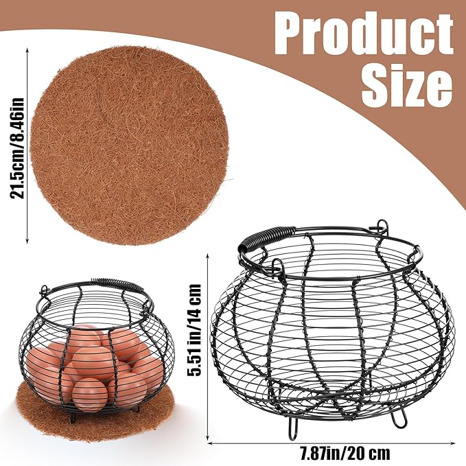 Farmhouse Wire Egg Baskets for Gathering Fresh Egg with Handle & Mat Round Metal Chicken Eggs Collecting Basket Small Metal Wire Basket Eggs Gathering Baskets Countertop Round Chicken Baskets