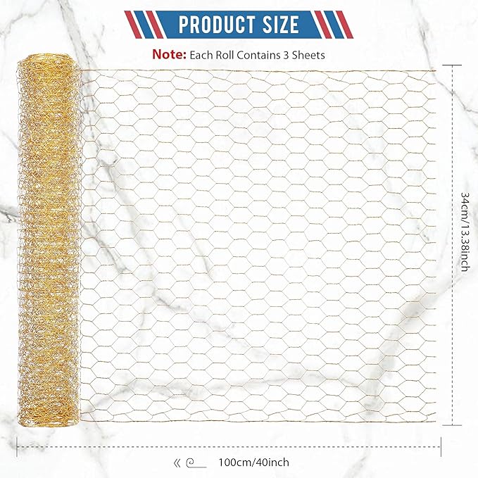 Shappy 3 Pieces 40 x 13 inches Gold Chicken Wire Net for Craft Projects Lightweight Galvanized Hexagonal Frame Chicken Wire Mesh for Unfinished Wooden Window Frames DIY Craft Work Home Decor