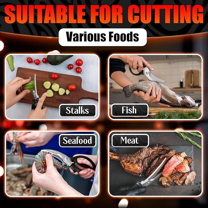 Poultry Shears Heavy Duty – Stainless Steel Chicken Shears | Meat, Vegetables, Seafood | Fish Scale Remover & Bone Scissors | Bone Cutting Scissors with Non-Slip Serrated Saw-Like Edge, Safety Lock