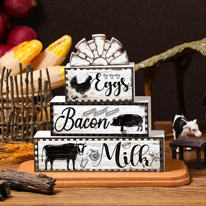 Jetec 4 Pcs Farmhouse Kitchen Decor Wooden Tiered Tray Decor Cow Rooster Pig Rustic Bathroom Signs Decorative Faux Stacked Table Centerpiece Block Sign for Home Living Kitchen Dining Room Shelf