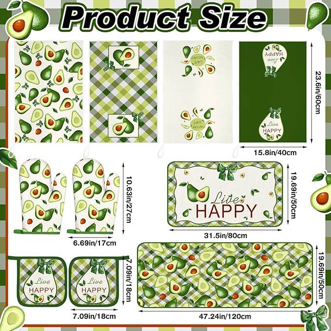 10 Pcs Avocado Farmhouse Kitchen Decor Set Dish Towels Kitchen Rugs Oven Mitts and Pot Holders Set for Cooking Baking Grilling Women Mom Daughter Gift(Green)