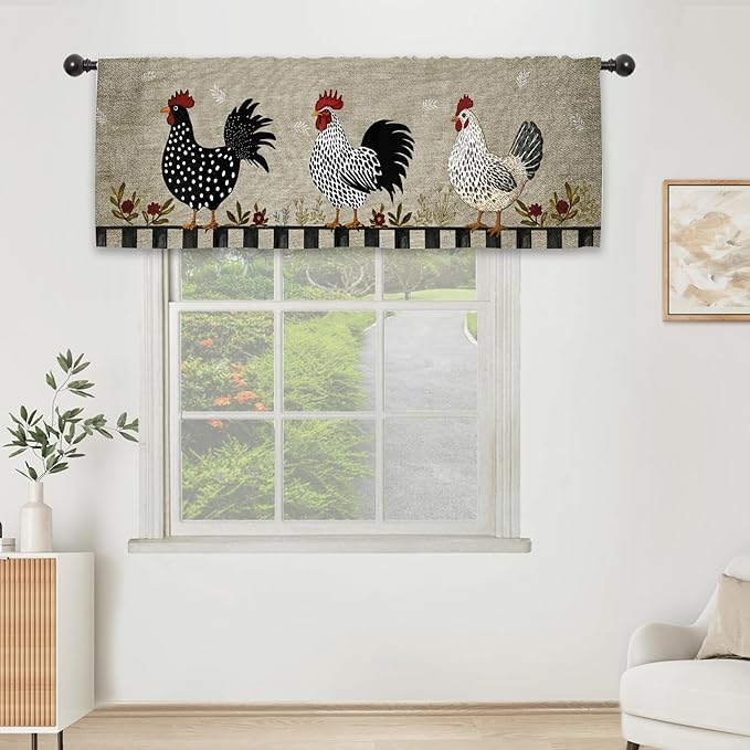 Rooster Chicken Kitchen Curtain Valance 54W x 18L Inch Farmhouse Rustic Country Rural Rod Pocket Short Cafe Small Window Treatment Drapes Decor