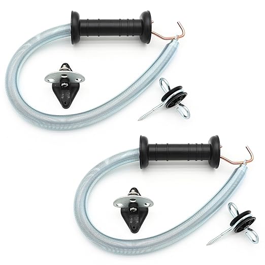 Electric Fence Spring Gate Handles Kit, Dual Ring Electric Fence Insulators for Wooden Post, Electric Fence Handle Set with Anchors,16-Feet Tension Spring, Black (2)