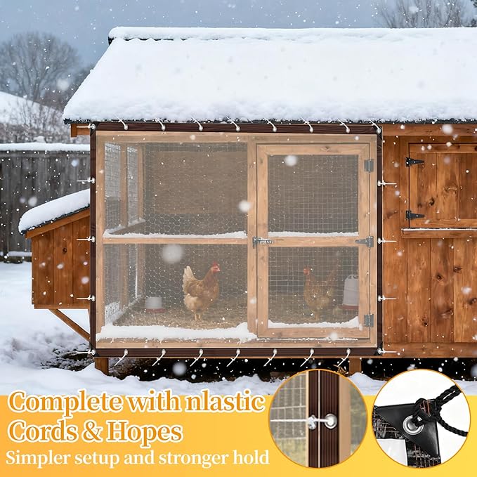 Chicken Coop Cover for Winter, Waterproof Clear Tarp with Metal Grommets, Rope & Cable Ties, Durable Easy Install Chicken Run Cover Winter Wrap, Insulated Poultry Supplies for Outdoor Patio Porch