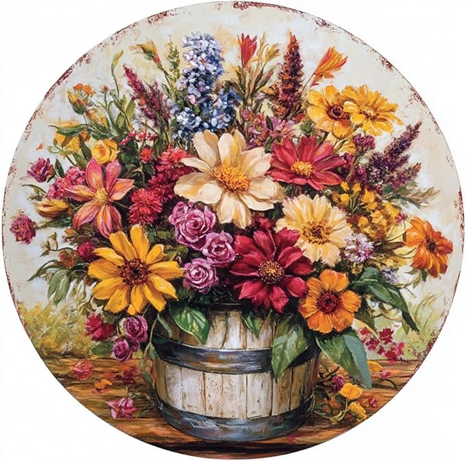 Round Tin Sign Farm Fresh Flowers Metal Sign for Home Farm House Rustic Garden Yard Vintage Outdoor Outside Porch Wreath Wall Funny Decor 12 Inch