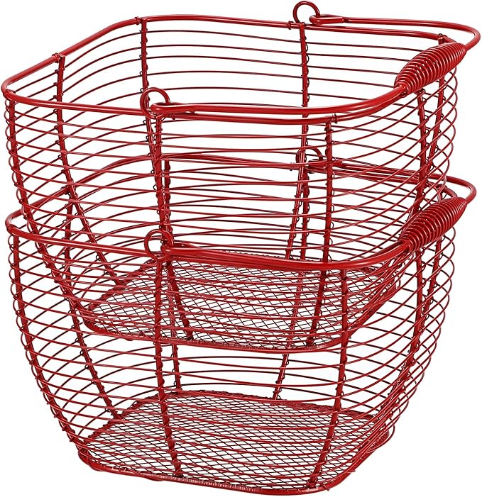 2 PCS 7" Red Square Wire Egg Baskets for Fresh Egg With Handle, Small Metal Collecting Basket for Gathering Fresh Eggs, Chicken and Duck Eggs Hunting Basket Egg Holder Countertop