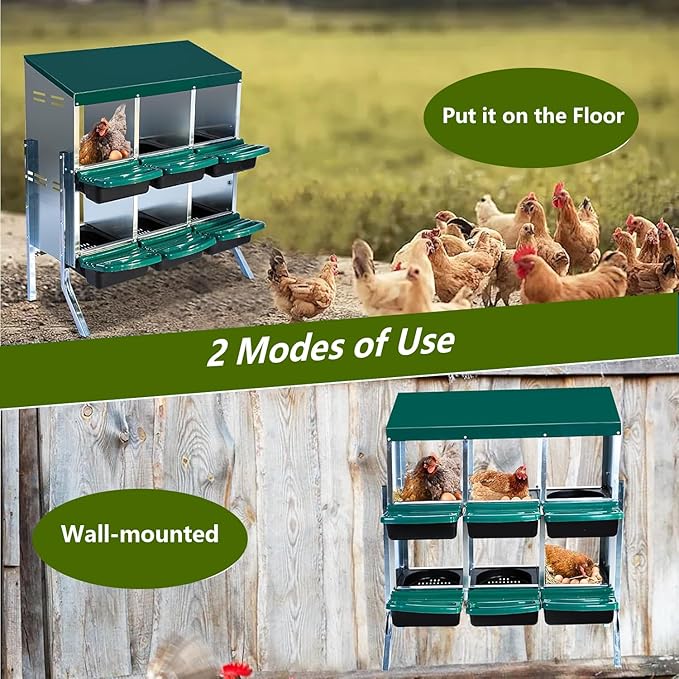 Chicken Nesting Box, 2-Tier Chicken Laying Boxes for Hens, 10 Hole Nesting Boxes for Chickens, Roll Away Nest Box for Laying Eggs, Roll Out, Easy Egg Collection (Green, 6-Holes with Legs)