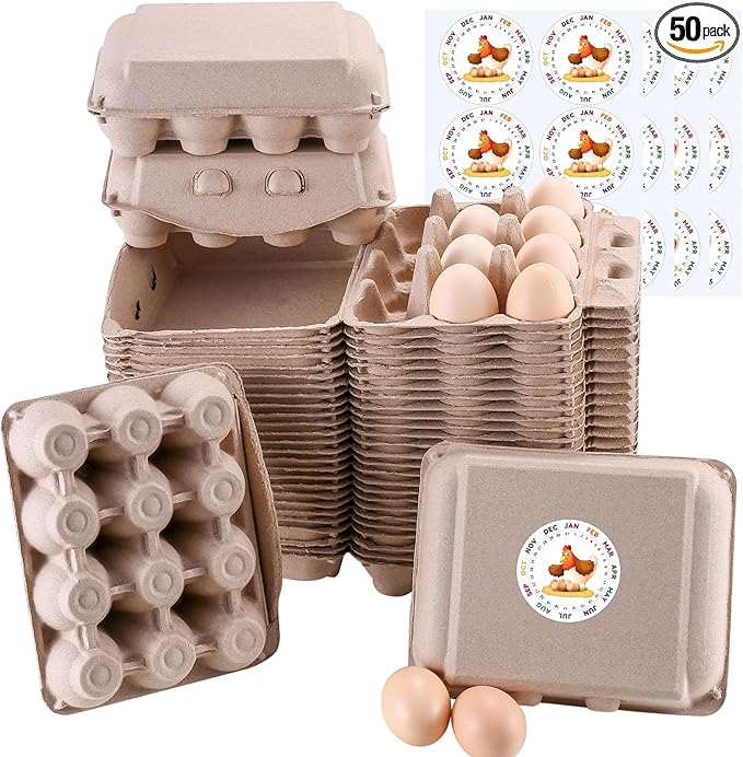 50 Pcs Vintage Egg Cartons with Labels, Square Dozen Egg Basket Blank Natural Paper Pulp, Classical 3x4 Style Holds Up to One Twelve 12 Count Chicken Eggs, Sturdy Eggs Box with Stickers