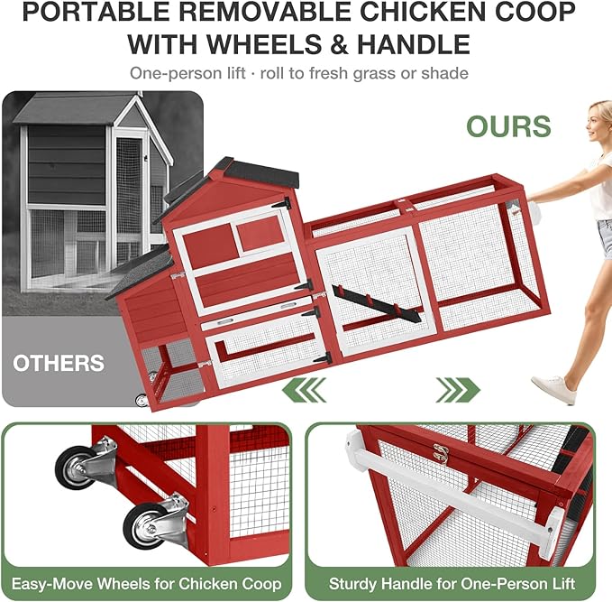 Large Chicken Coop with Wheels, Outdoor Wooden Hen House with Run & Nesting Box, for 3-5 Chickens, Waterproof Asphalt Roof, Leakproof Tray, Expandable Poultry Cage-Red
