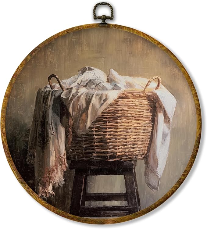 Hiuwevt Vintage Laundry Room Round Wall Art Decor, Farmhouse Laundry Basket Framed Canvas Prints, Rustic Farmhouse Round Wall Hanging Decor for Washroom Restroom Bathroom Decorations, 10x10 Inches