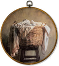 Hiuwevt Vintage Laundry Room Round Wall Art Decor, Farmhouse Laundry Basket Framed Canvas Prints, Rustic Farmhouse Round Wall Hanging Decor for Washroom Restroom Bathroom Decorations, 10x10 Inches