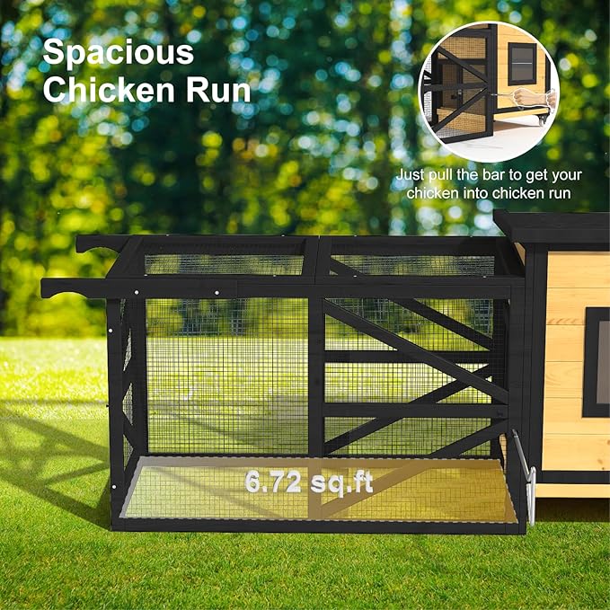 71'' Chicken Coop, Chicken House for Outside, Outdoor Duck Coop, Wooden Mobile Chicken Coops with Run & Waterproof Asphalt Roof, Wheels, Removable Tray and Hanging Chicken Feeder