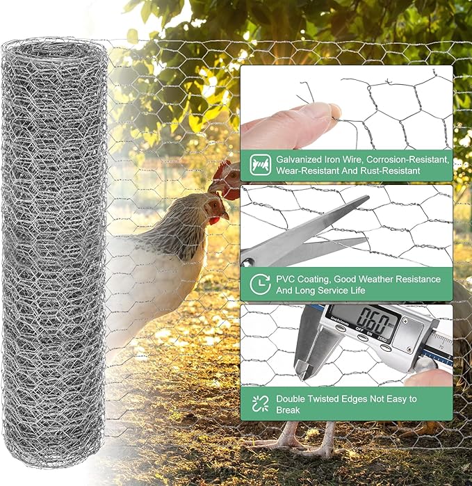 Chicken Wire for Floral Arrangements, 14 x 236 in Galvanized Iron Hexagonal PVC Coated for Crafts/Poultry/Garden, Chicken Wire Netting Fence Mesh [Silver Tone]