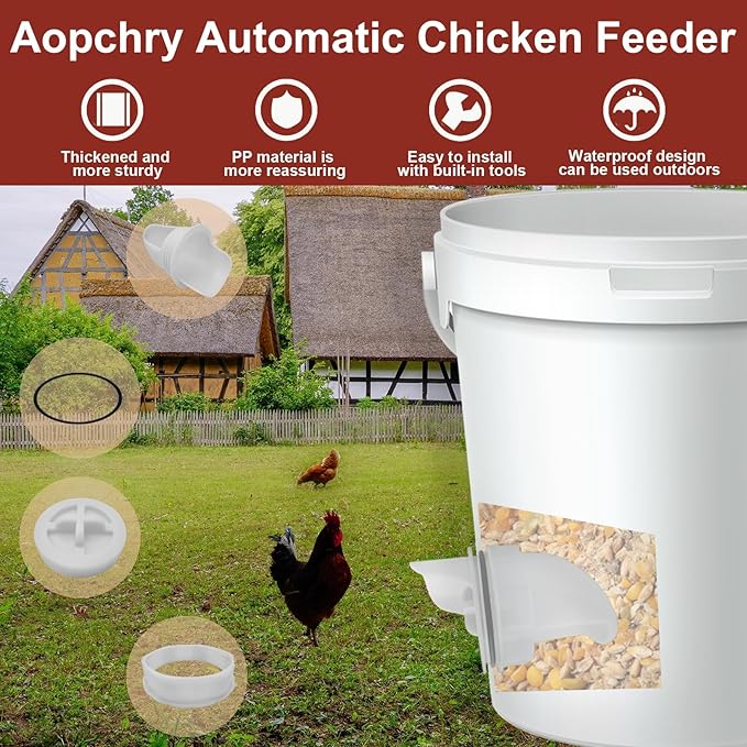 [8 Pack] Aopchry Automatic Chicken Feeder (White), Chicken Feeders No Waste Feed, Egg Shaped Thickened Design, Rain-Proof, Suitable for Various Poultry, with Mounting Hole Opener