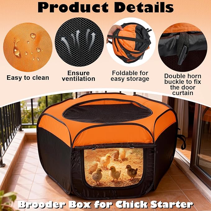Brooder Box for Chicks, Pop-Up Chicken Brooder Playpen with Dual Doors, Mesh Top Cover & Waterproof Mat, Portable Chick Enclosure for Baby Chicks, Ducks & Quail, Holds Up to 20 Chicks